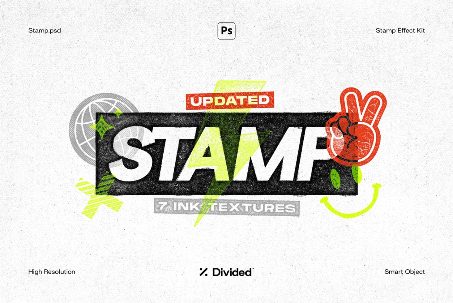 Stamp effect kit Photoshop file showing updated text in lime green with red ink textures